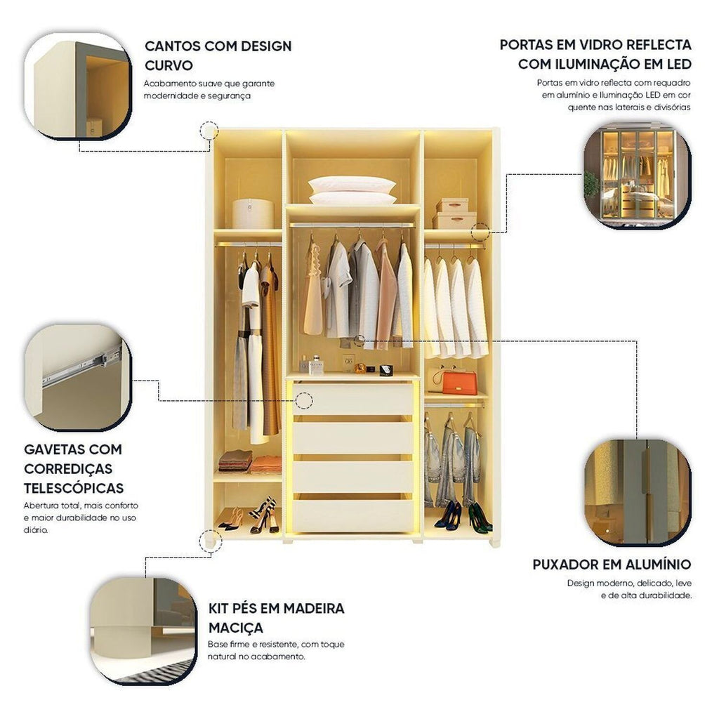 Guarda-Roupa Solteiro 4 Portas Reflecta com Pés e LED 100% MDF Innova Gelius Móveis Bege/Off White