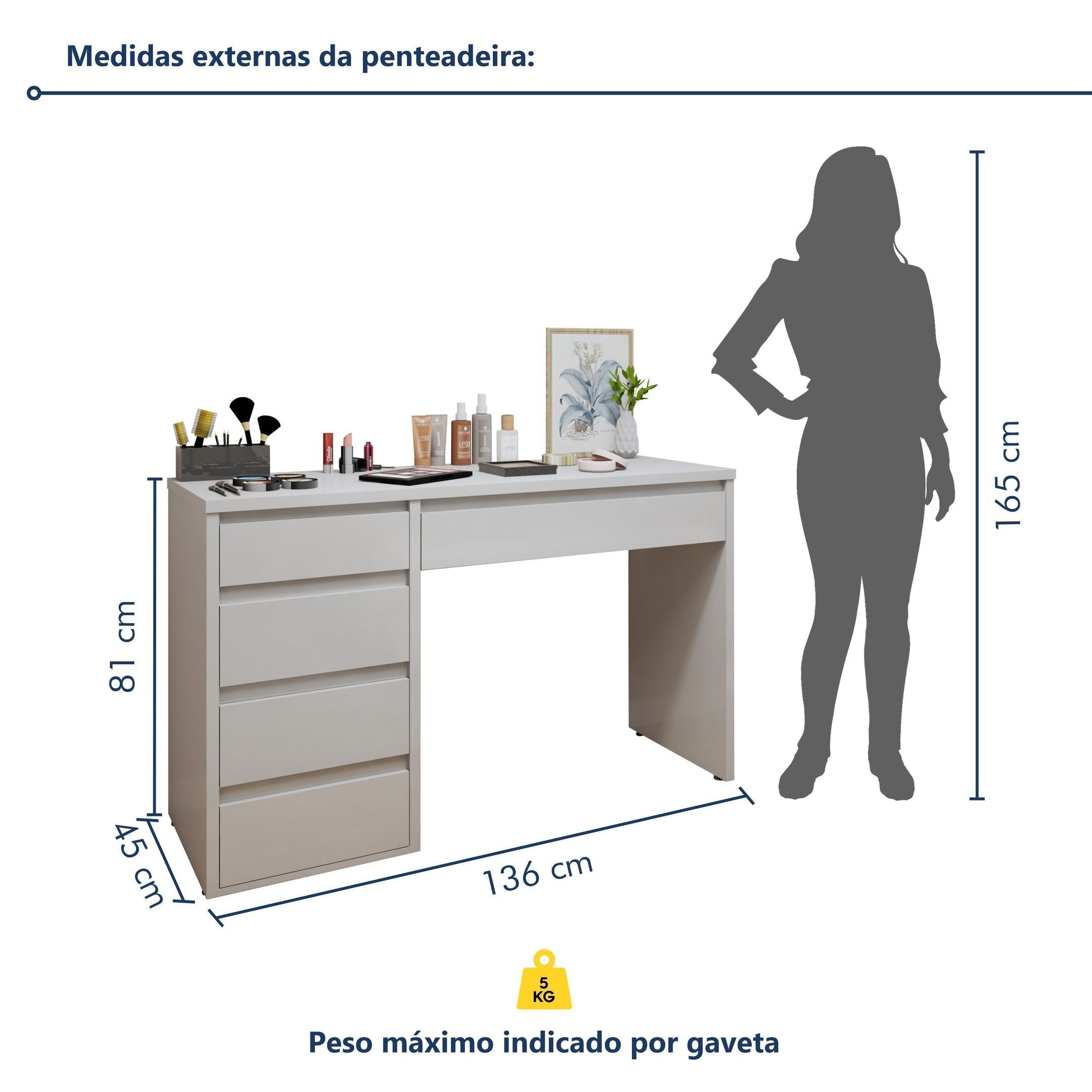 Penteadeira 5 Gavetas 100% MDF sem Espelho Giulia Yescasa