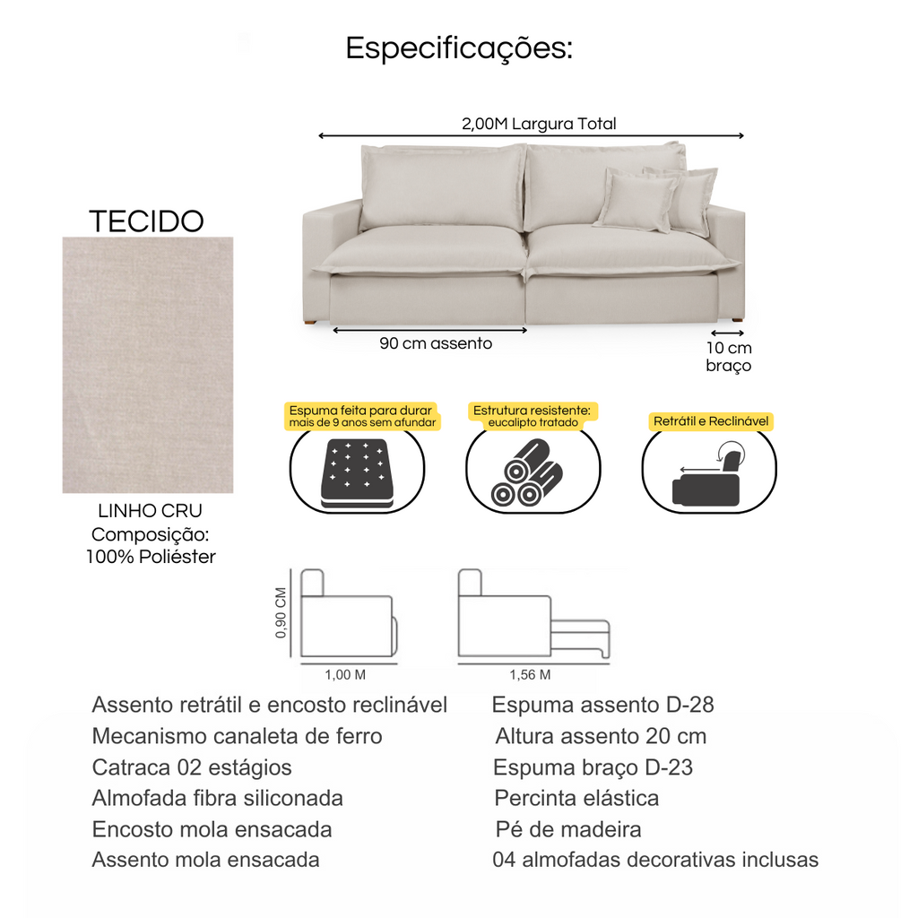 Sofá Retrátil Reclinável Davi Original com Molas Ensacadas Tecido Linho 2,00m Móveis Hórus