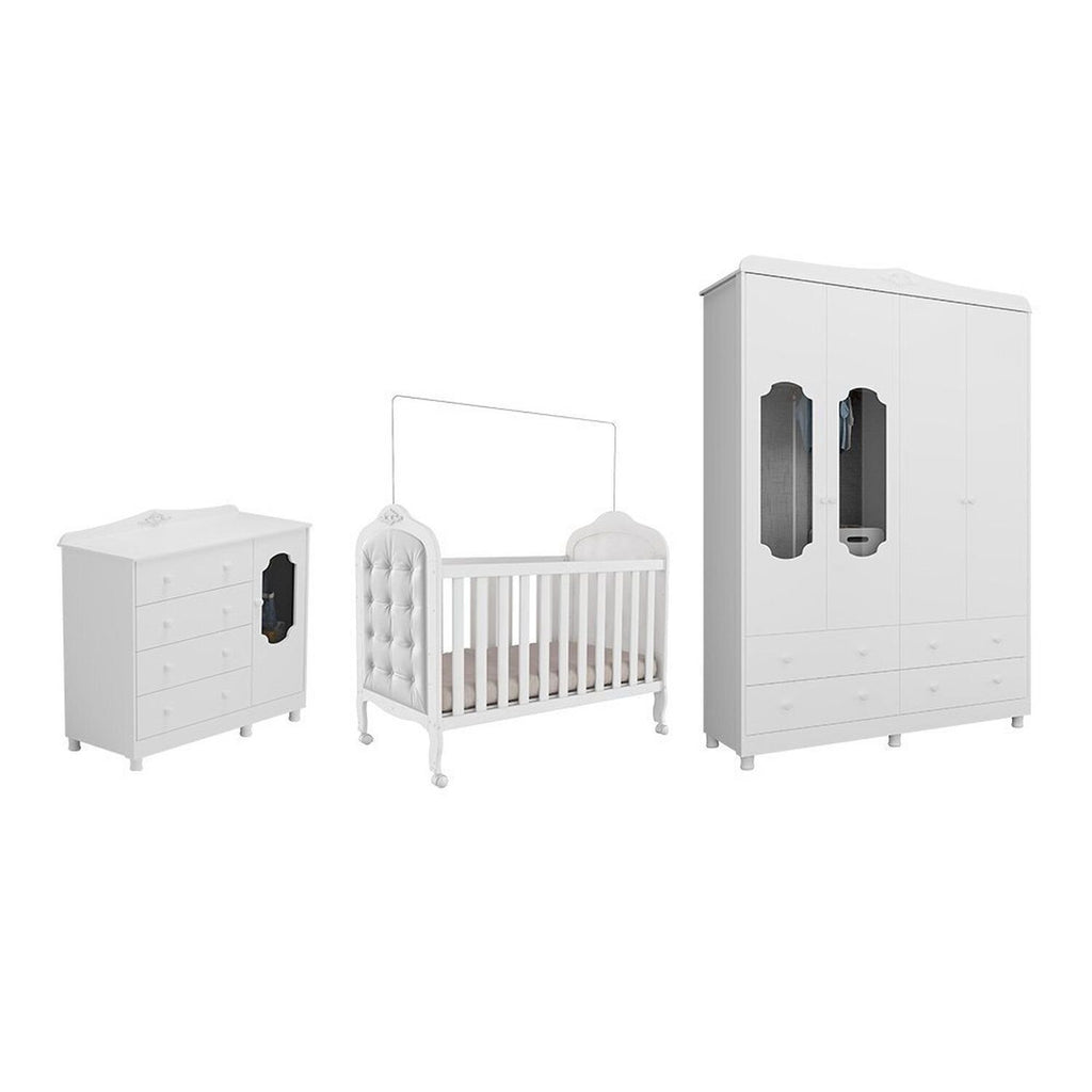 Quarto de Bebê com Guarda-Roupa Cômoda e Berço com Capitonê Maya Provençal 100% MDF Yescasa Branco/B
