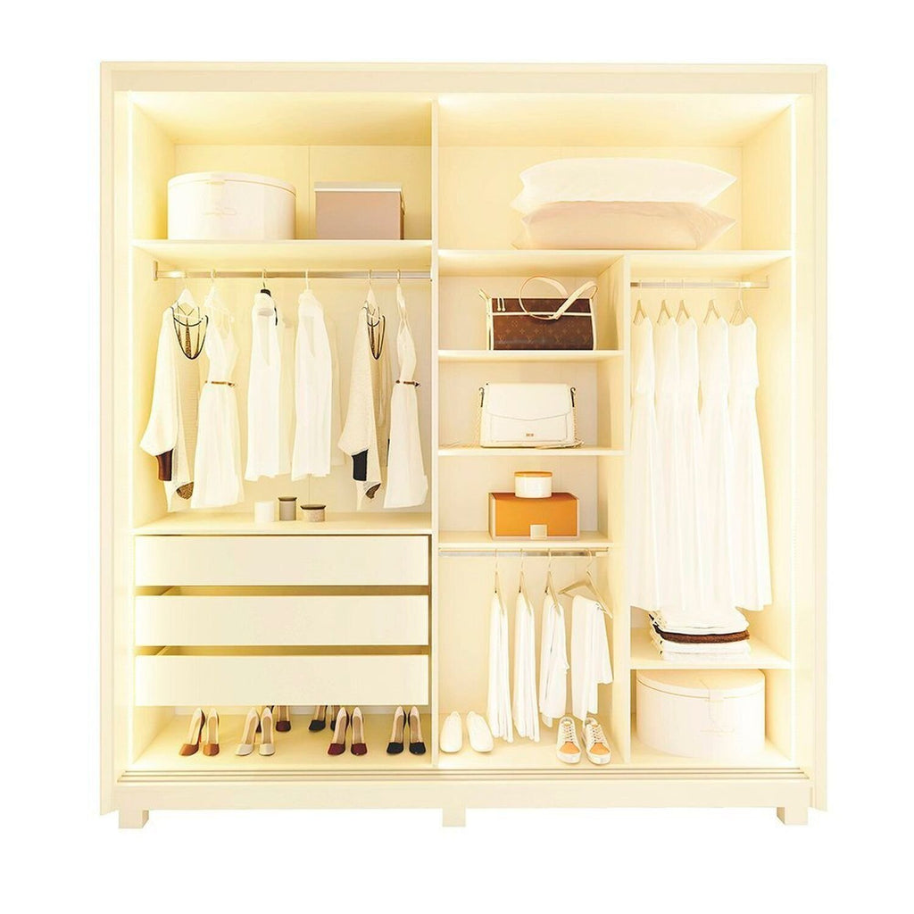 Guarda-Roupa Casal 2 Portas Reflecta com Pés e LED 100% MDF Platinum Gelius Móveis Bege/Off White