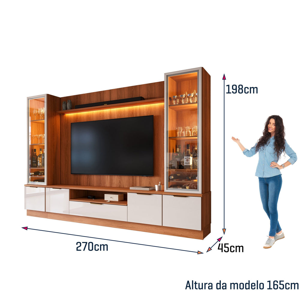Estante Home Noble 270cm para TV até 75 Polegadas com 2 Cristaleiras, Portas Reflecta e LED Movelove