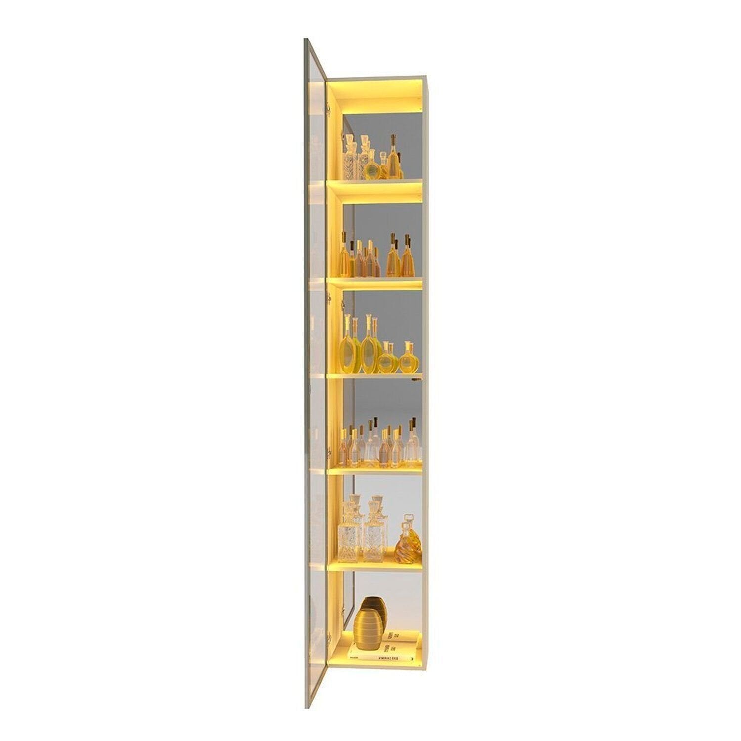 Cristaleira 1 Porta Reflecta com Fita LED e Espelho 100% MDF Luminare Gelius Móveis Bege/Off White
