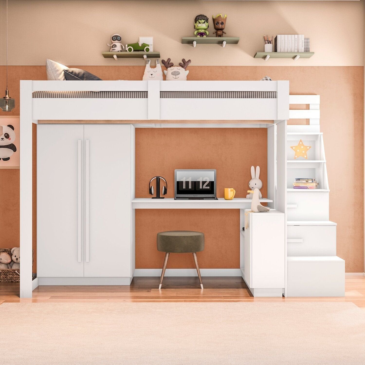 Cama Alta Beliche Office Infantil com Roupeiro e Escrivaninha Moon Yescasa Branco