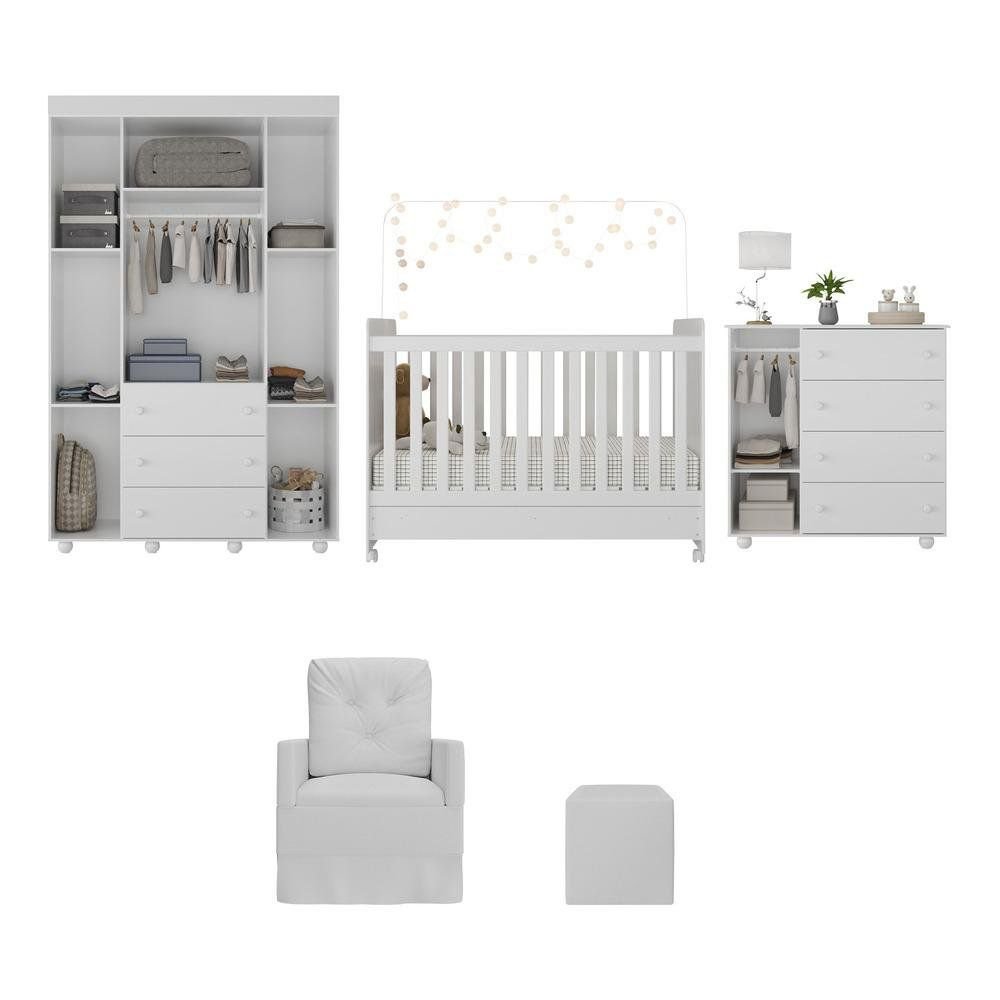 Quarto de Bebê Completo Berço Guarda-Roupa Cômoda Poltrona Puff Colchão Multimóveis MP4109