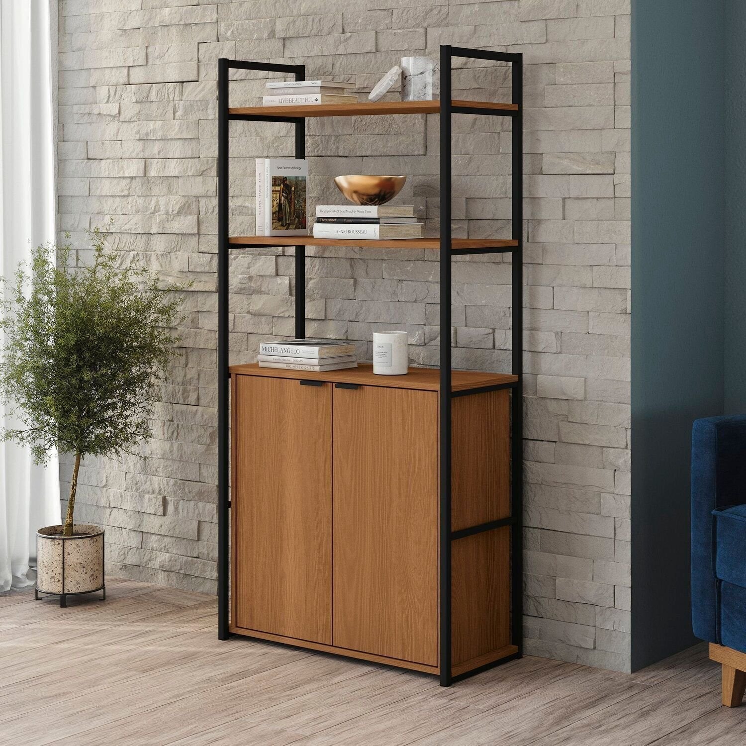 Estante de Livros Industrial em Aço com 2 Portas e 2 Prateleiras 151x72cm Canela/Preto