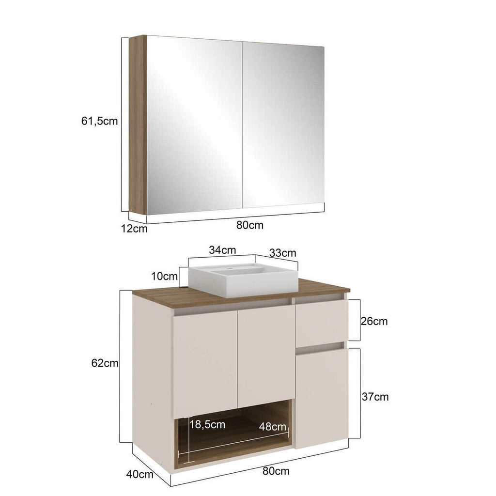 Gabinete de Banheiro com Espelheira e Cuba 80cm Aurora Yescasa