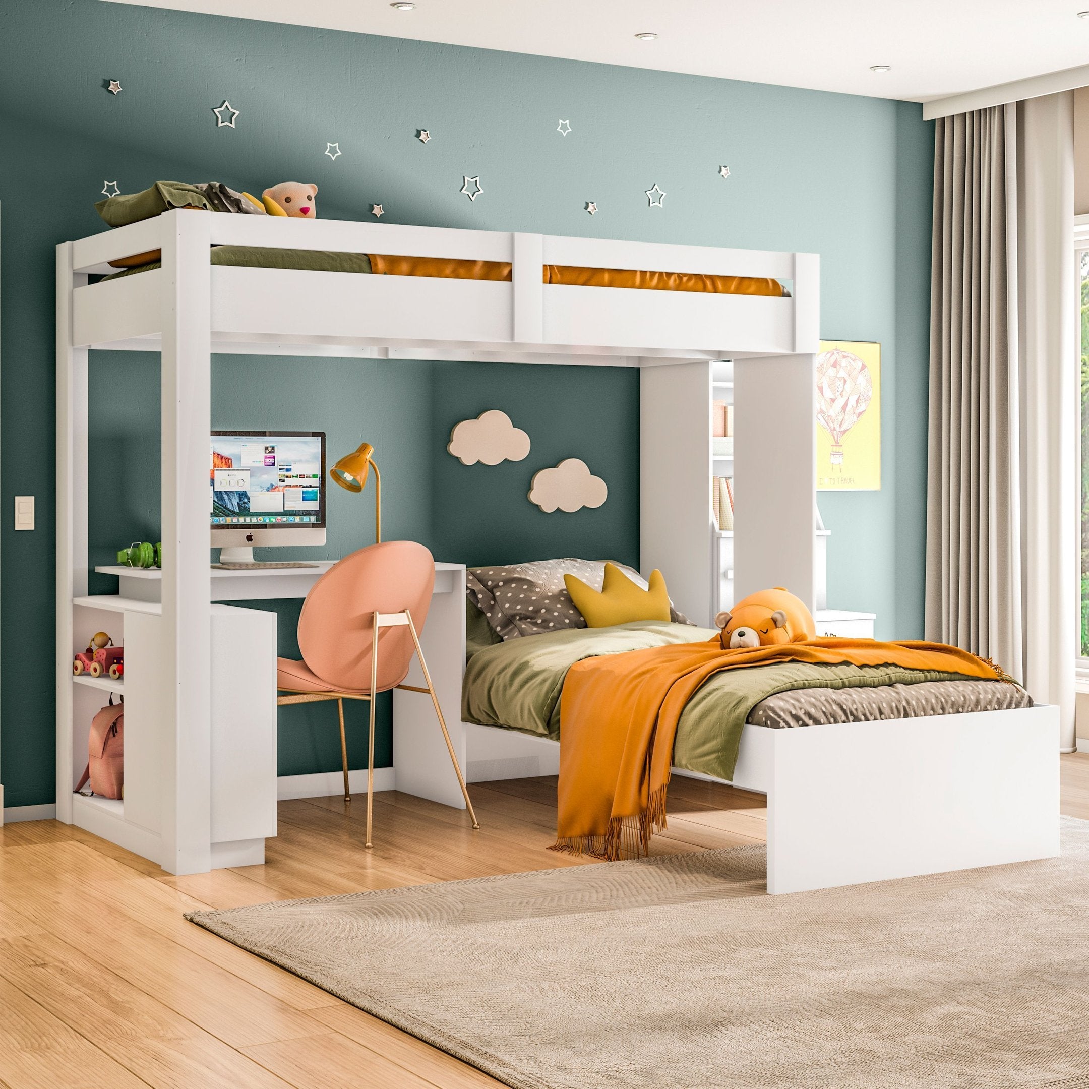 Beliche Office Infantil Moon com Escrivaninha em L e Escada 2 Portas e 2 Gavetas Yescasa Branco