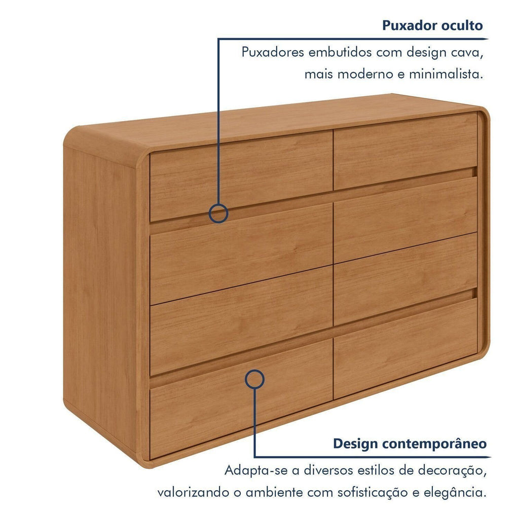 Cômoda para Quarto 8 Gavetas Puxador Embutido Loop 152cm Móveis Lopas