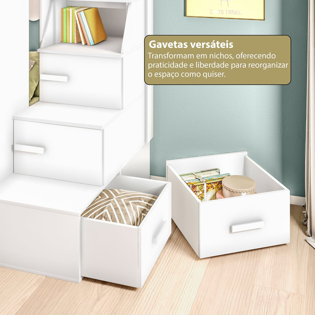 Beliche Office Infantil Moon com Escrivaninha em L e Escada 2 Portas e 2 Gavetas Yescasa Branco