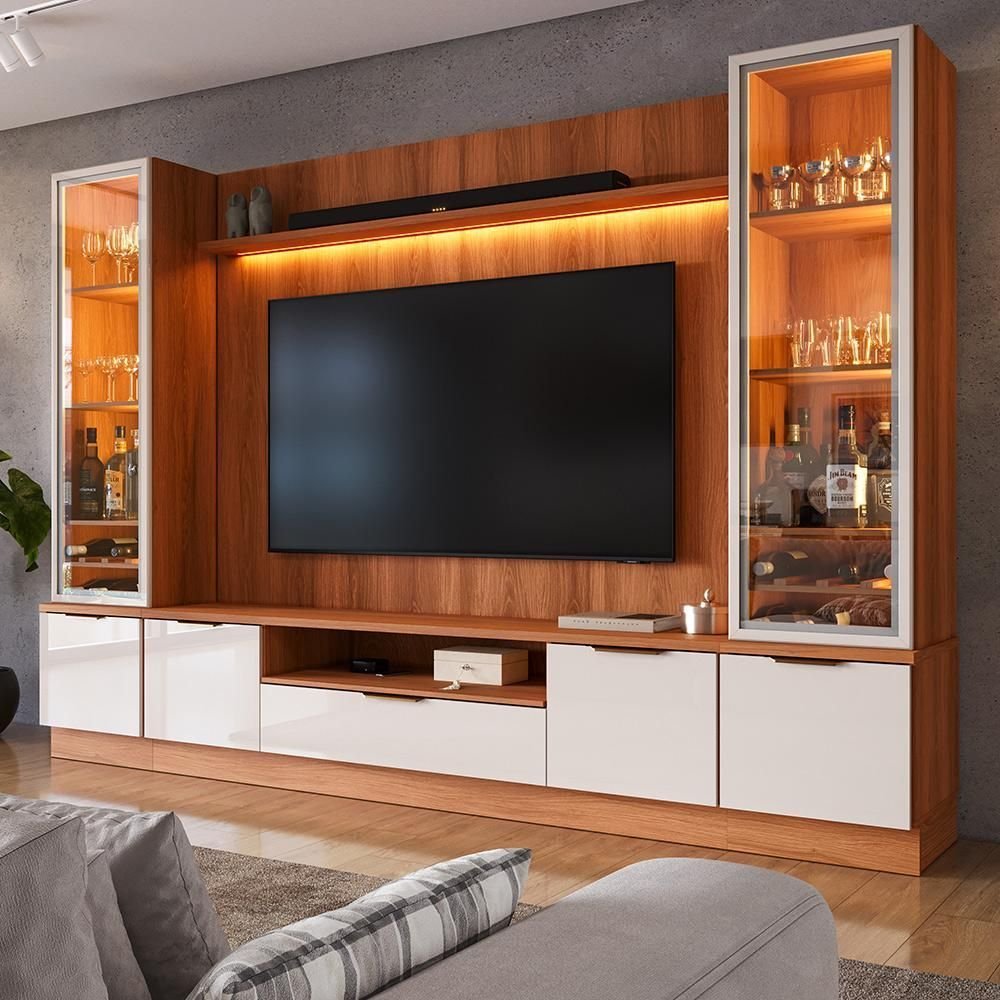 Estante Home Noble 270cm para TV até 75 Polegadas com 2 Cristaleiras, Portas Reflecta e LED Movelove
