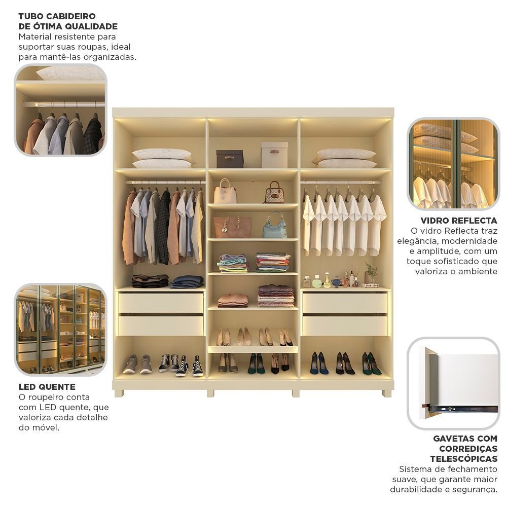 Guarda-Roupa Casal 6 Portas Imperatriz Reflecta com LED 100% MDF Yescasa