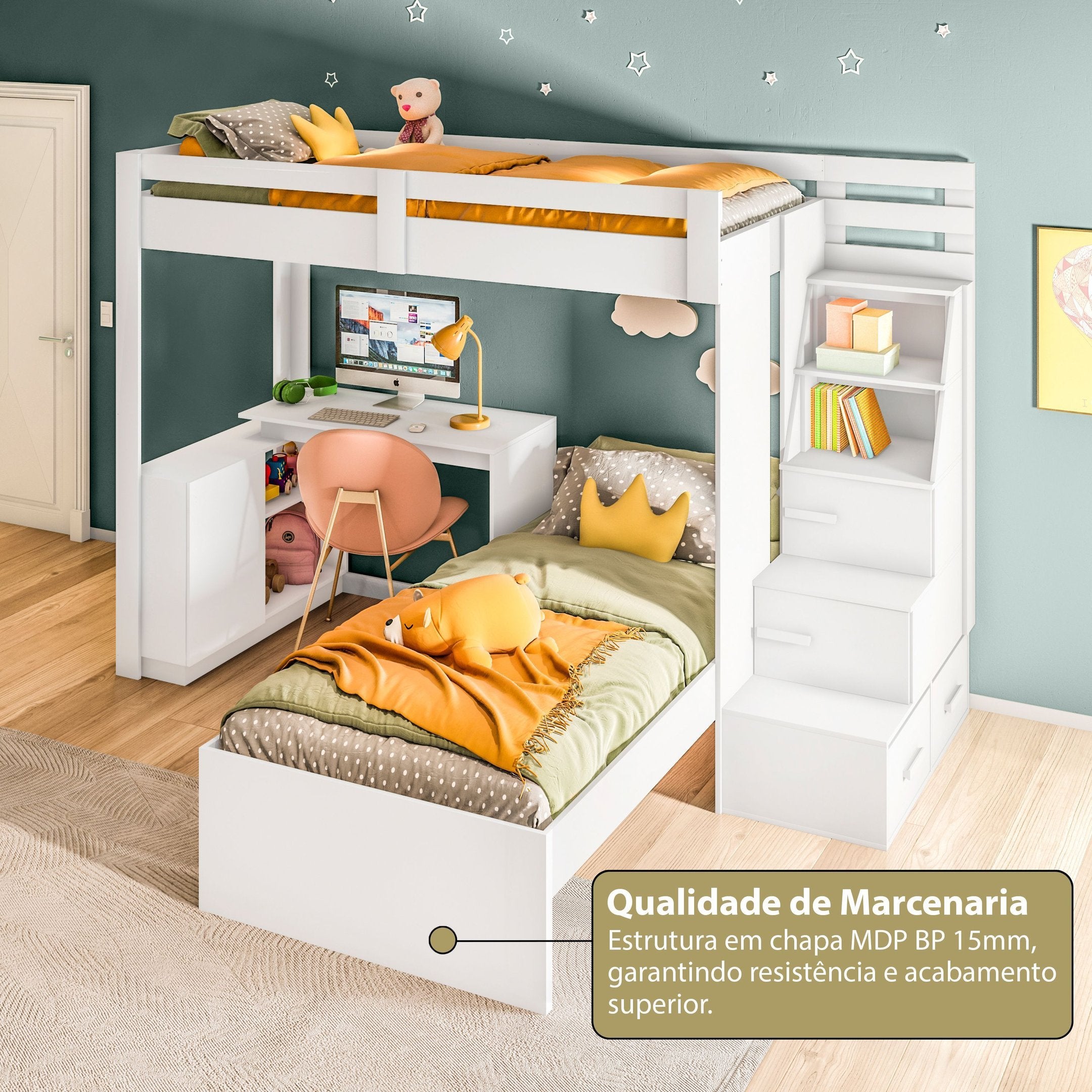 Beliche Office Infantil Moon com Escrivaninha em L e Escada 2 Portas e 2 Gavetas Yescasa Branco