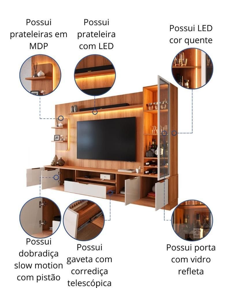 Estante Home Noble 270cm para TV até 75” com Cristaleira, Torre com LED e Portas Reflecta em MDP/MDF Movelove