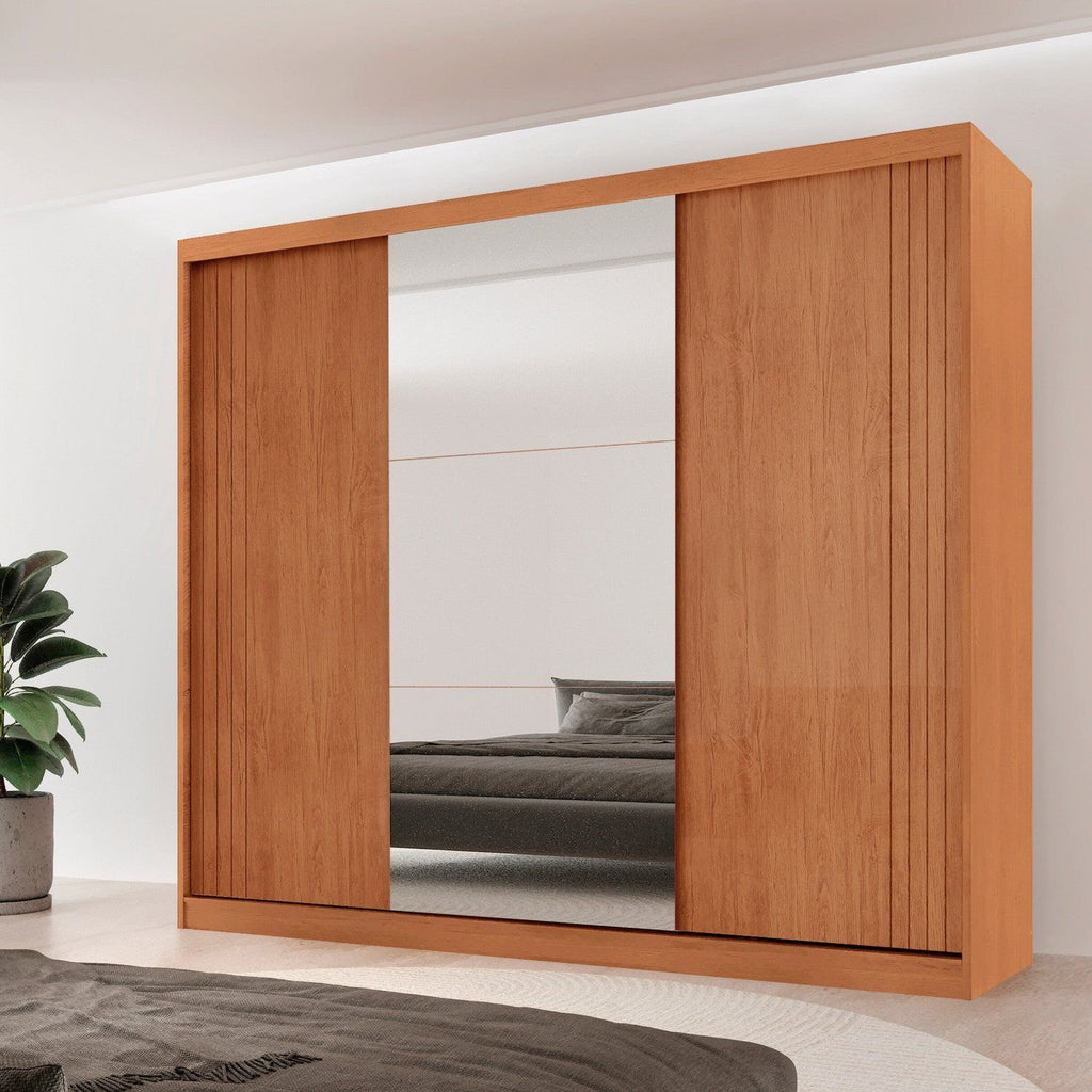 Guarda-Roupa Casal 100% MDF 3 Portas de Correr 4 Gavetas 6 Prateleiras com Espelho Chile Rufato Off White/Marrom