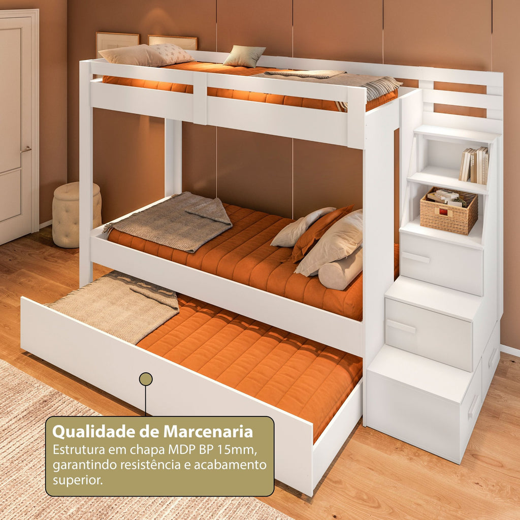 Beliche Adulto com Cama Auxiliar e Escada Multifuncional Moon Yescasa Branco