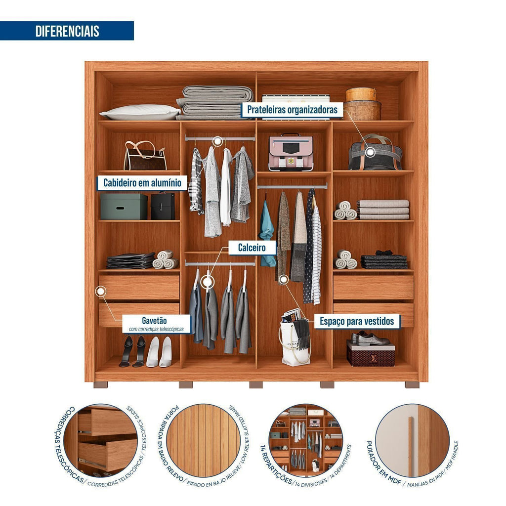 Guarda-Roupa Casal Suburban 2 Portas Ripado com Espelho MDP/MDF Freijó/Off White Espresso Móveis