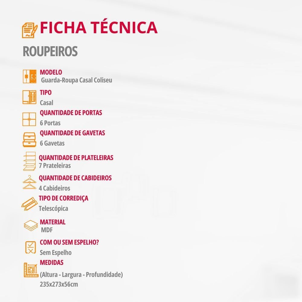 Guarda-Roupa Casal Coliseu 100% MDF 6 Portas e 6 Gavetas Moderna Mobília
