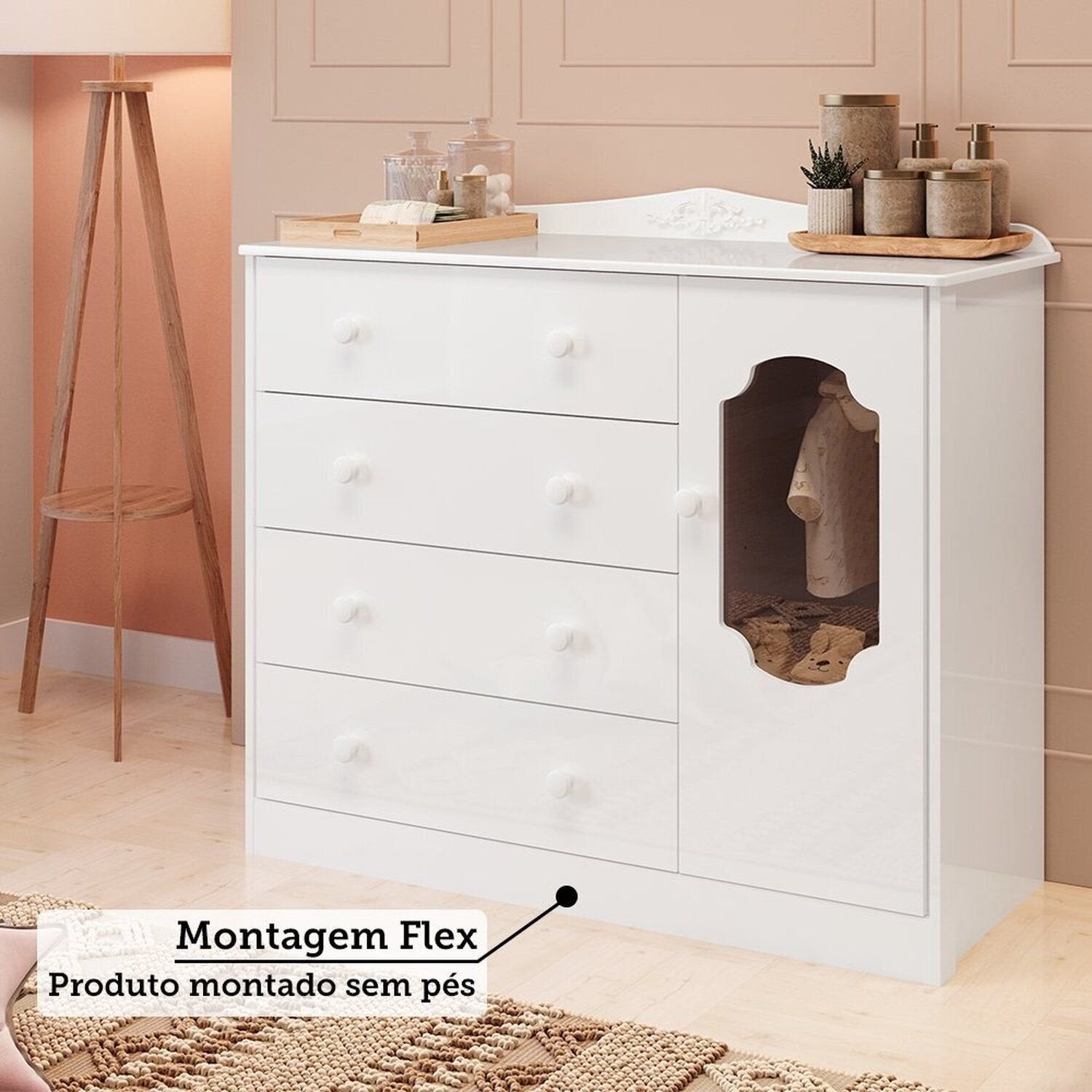 Quarto de Bebê com Guarda-Roupa Cômoda e Berço com Capitonê Maya Provençal 100% MDF Yescasa Branco/B