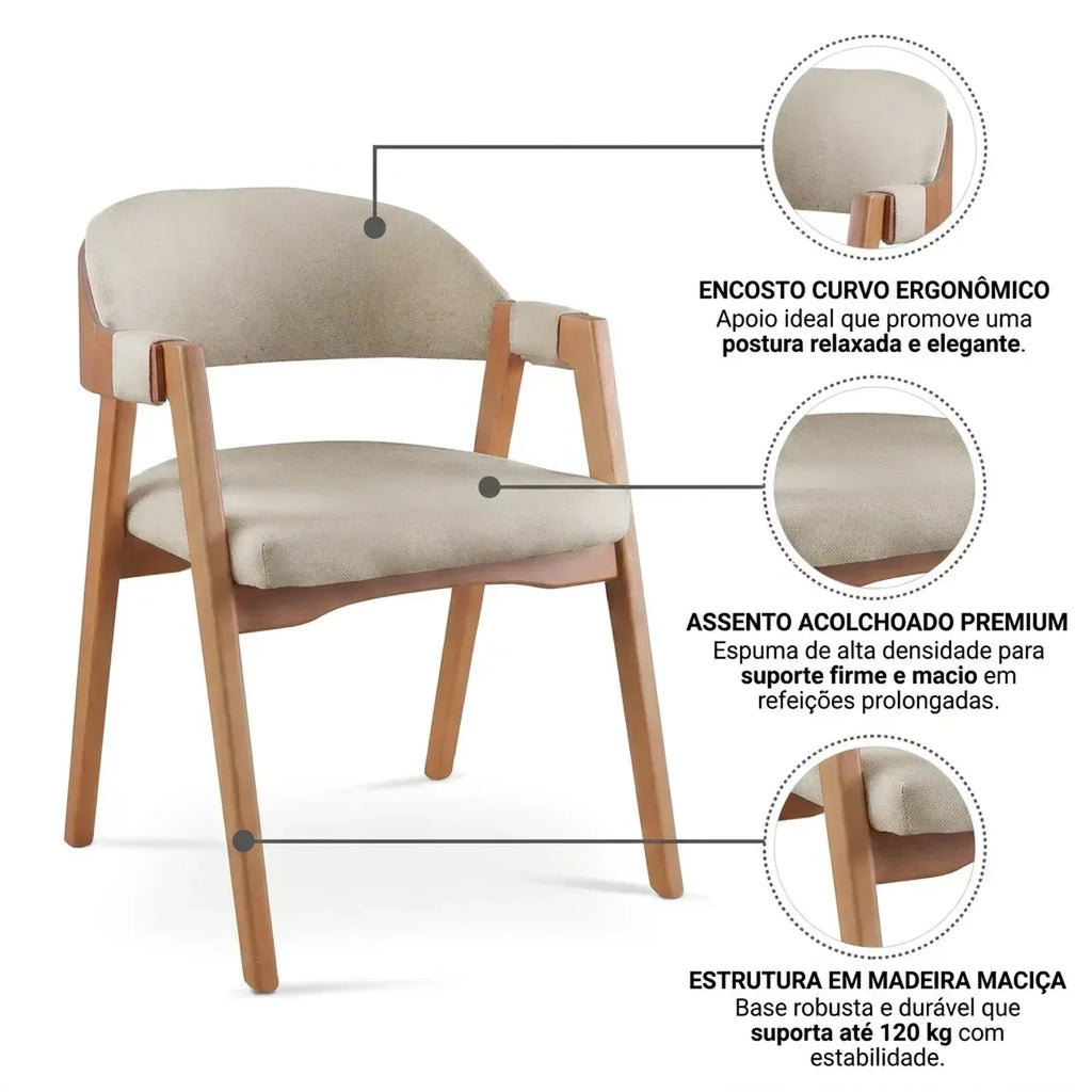 Kit 6 Cadeiras Sala de Jantar Estofadas com Braços Linho Madeira Gaia Yescasa