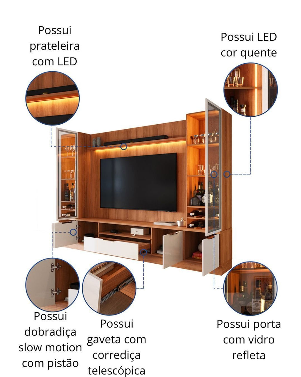 Estante Home Noble 270cm para TV até 75 Polegadas com 2 Cristaleiras, Portas Reflecta e LED Movelove