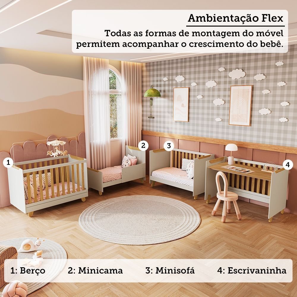 Quarto de Bebê Cômoda e Berço Minicama 4 em 1 Levy 100% MDF Espresso Móveis Bege/Amêndoa/Off White