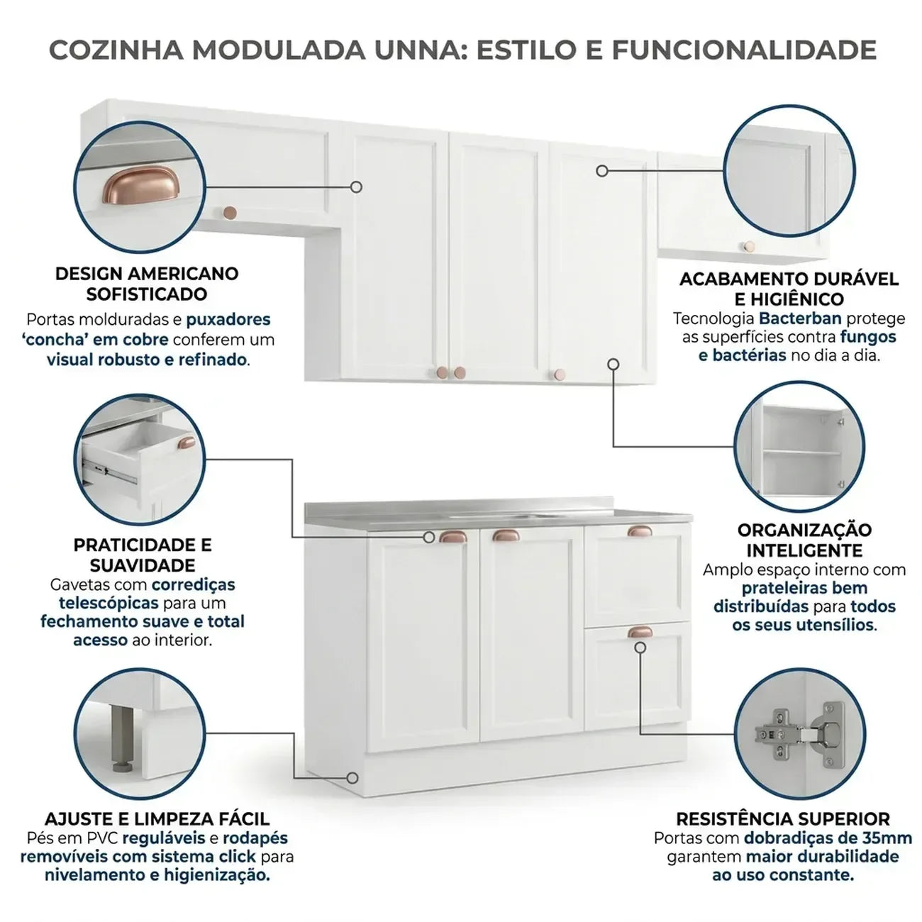 Cozinha Completa Modulada 4 Peças com Balcão para Pia sem Tampo Unna Yescasa Branco