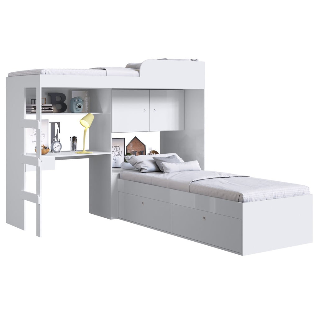 Conjunto Cama de Solteiro com Baú e Cama Alta Lion com Escada e Escrivaninha Branco Cj038 Art In Móveis