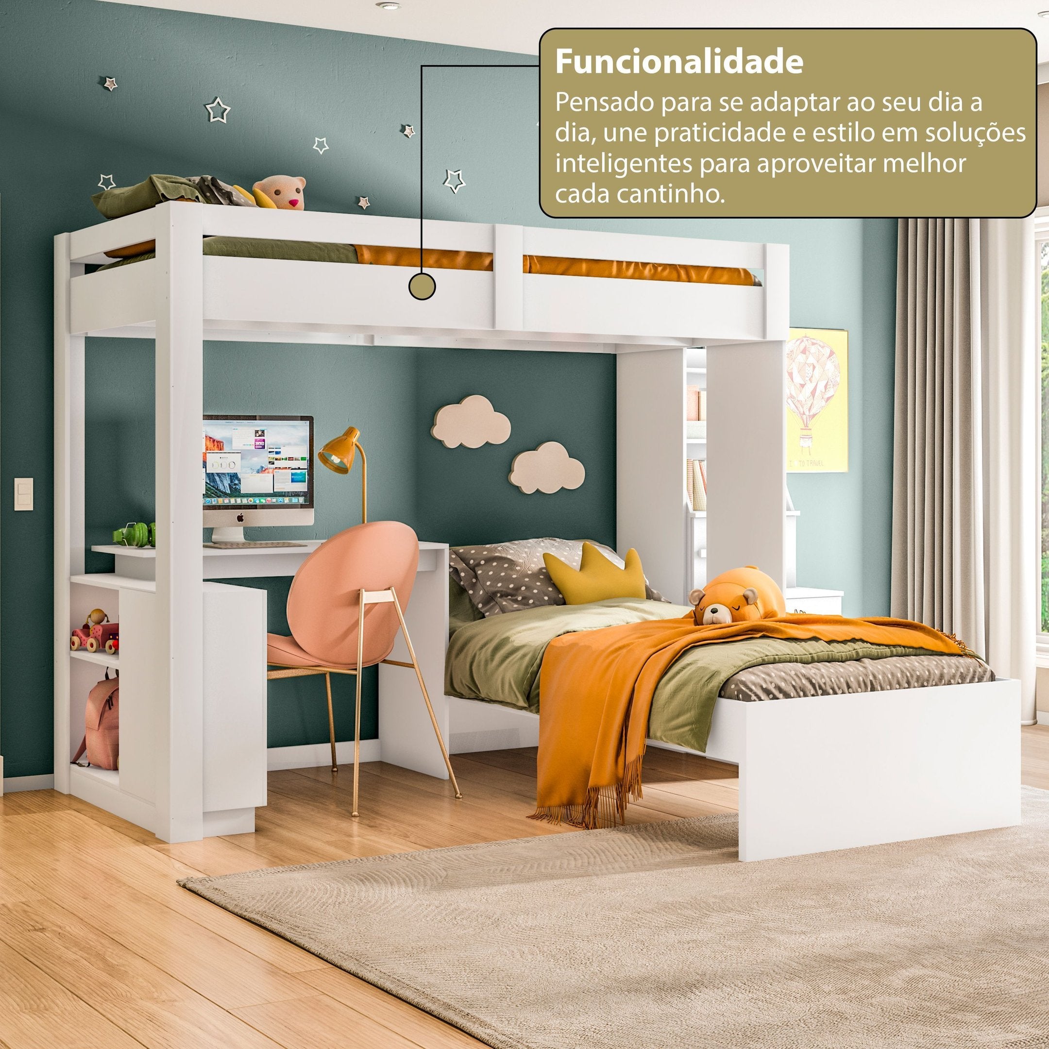 Beliche Office Infantil Moon com Escrivaninha em L e Escada 2 Portas e 2 Gavetas Yescasa Branco