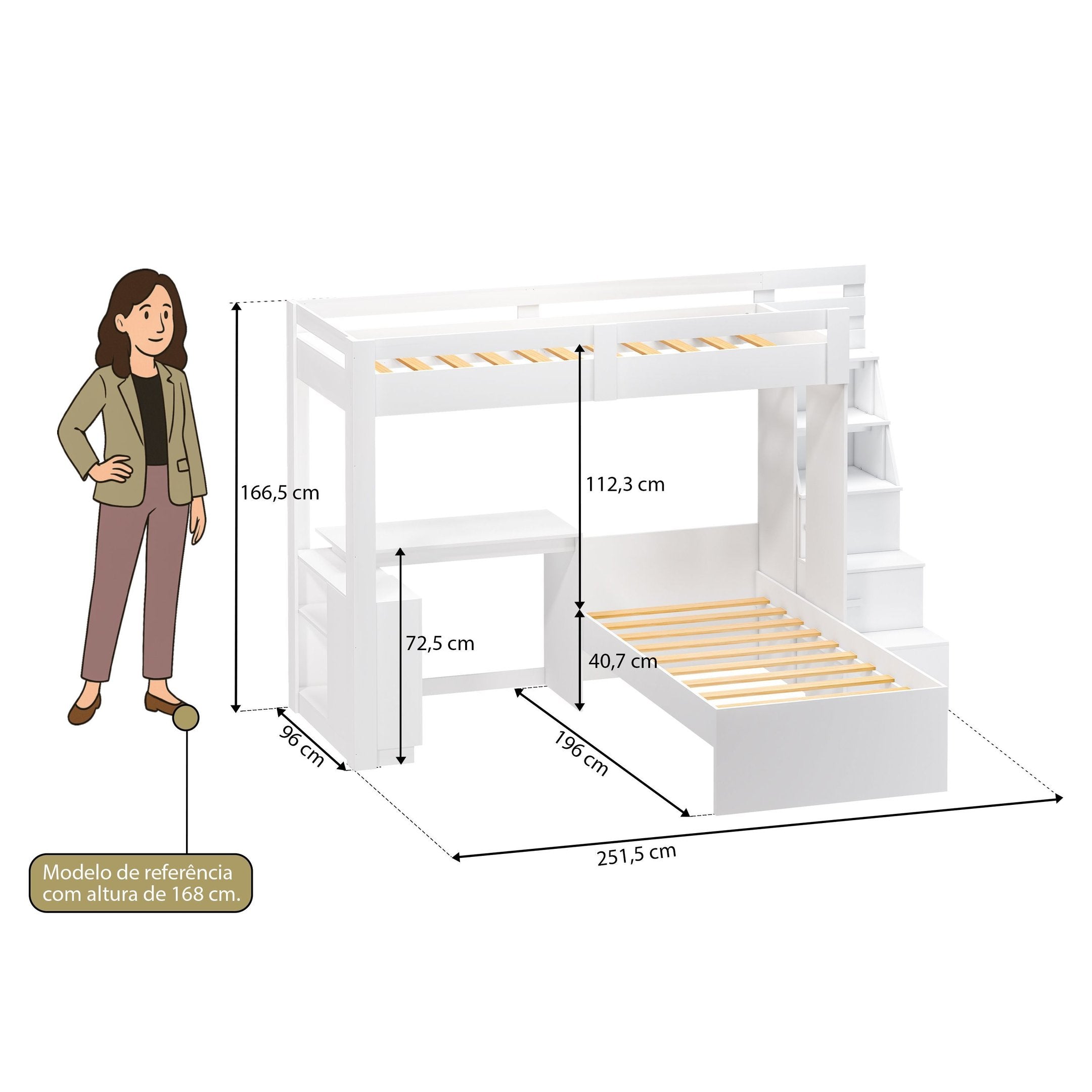 Beliche Office Infantil Moon com Escrivaninha em L e Escada 2 Portas e 2 Gavetas Yescasa Branco