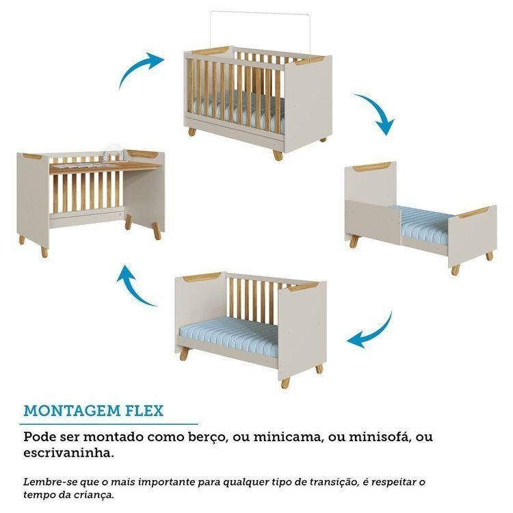 Berço Minicama 4 em 1 Americano 100% MDF Levy Espresso Móveis Bege/Off-White/Amêndoa