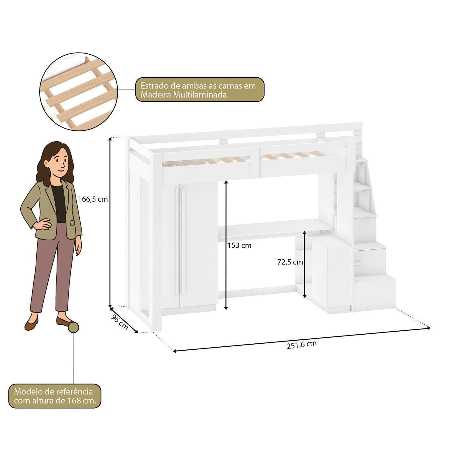 Cama Alta Beliche Office Adulto com Roupeiro e Escrivaninha Moon Yescasa Branco