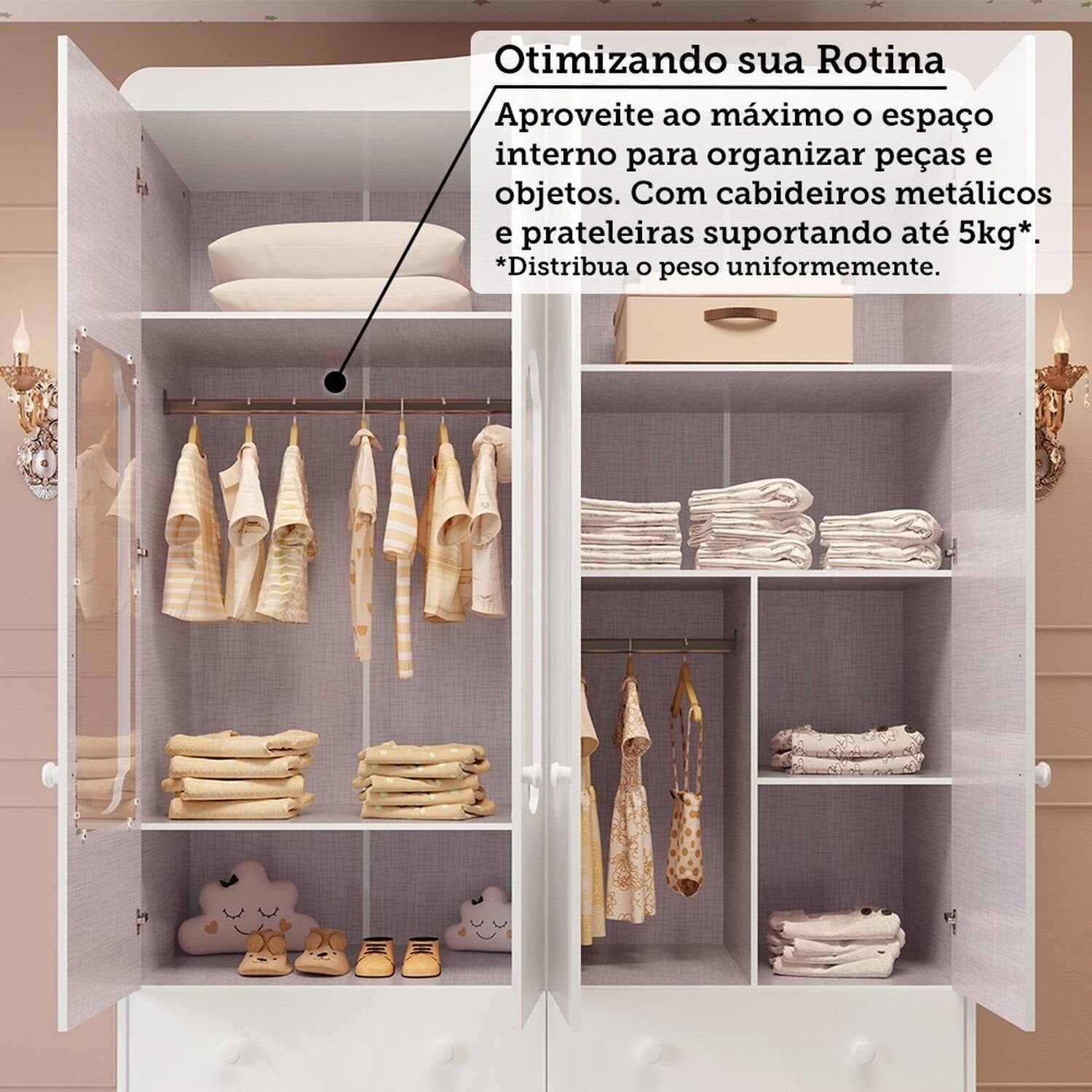 Quarto de Bebê com Guarda-Roupa Cômoda e Berço com Capitonê Maya Provençal 100% MDF Yescasa Branco/B