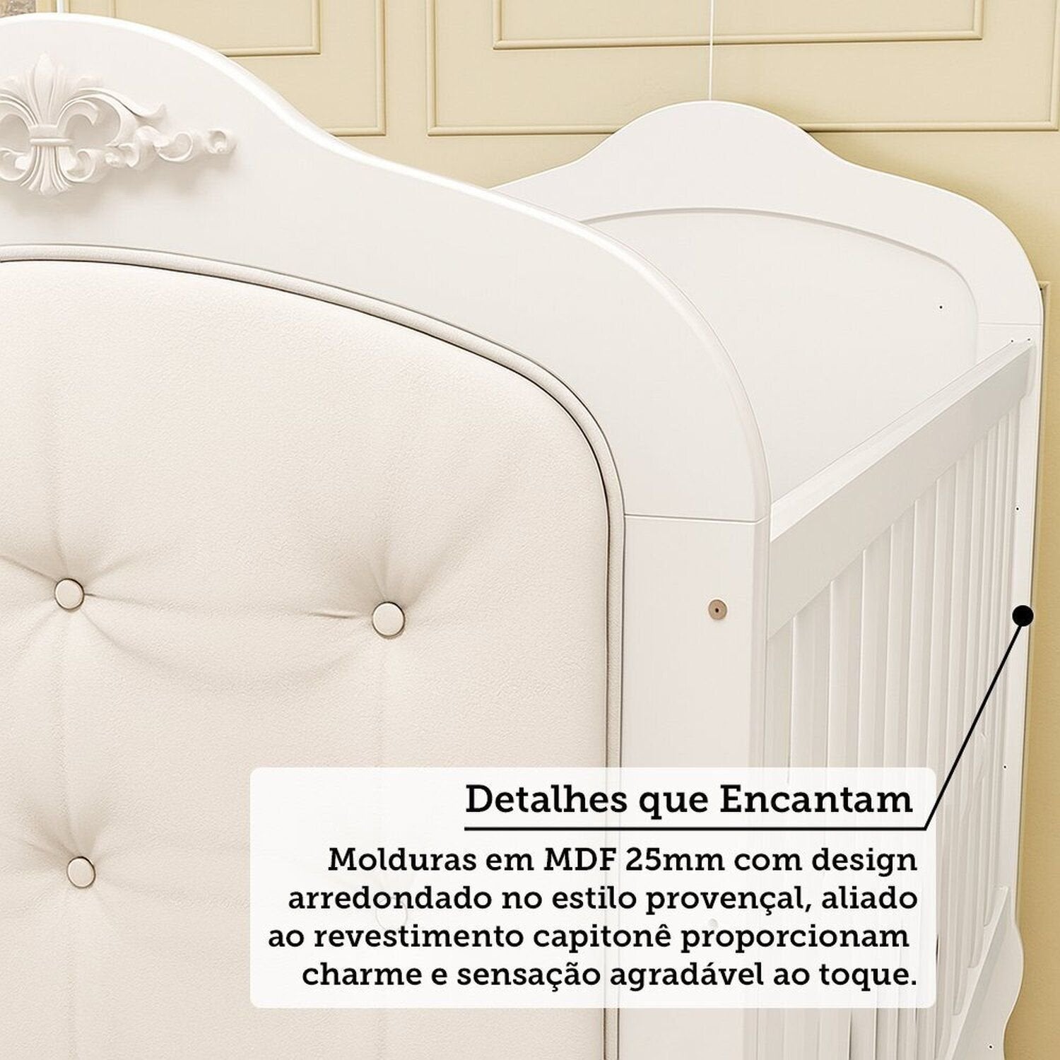 Quarto de Bebê com Guarda-Roupa Cômoda e Berço com Capitonê Maya Provençal 100% MDF Yescasa Branco/B
