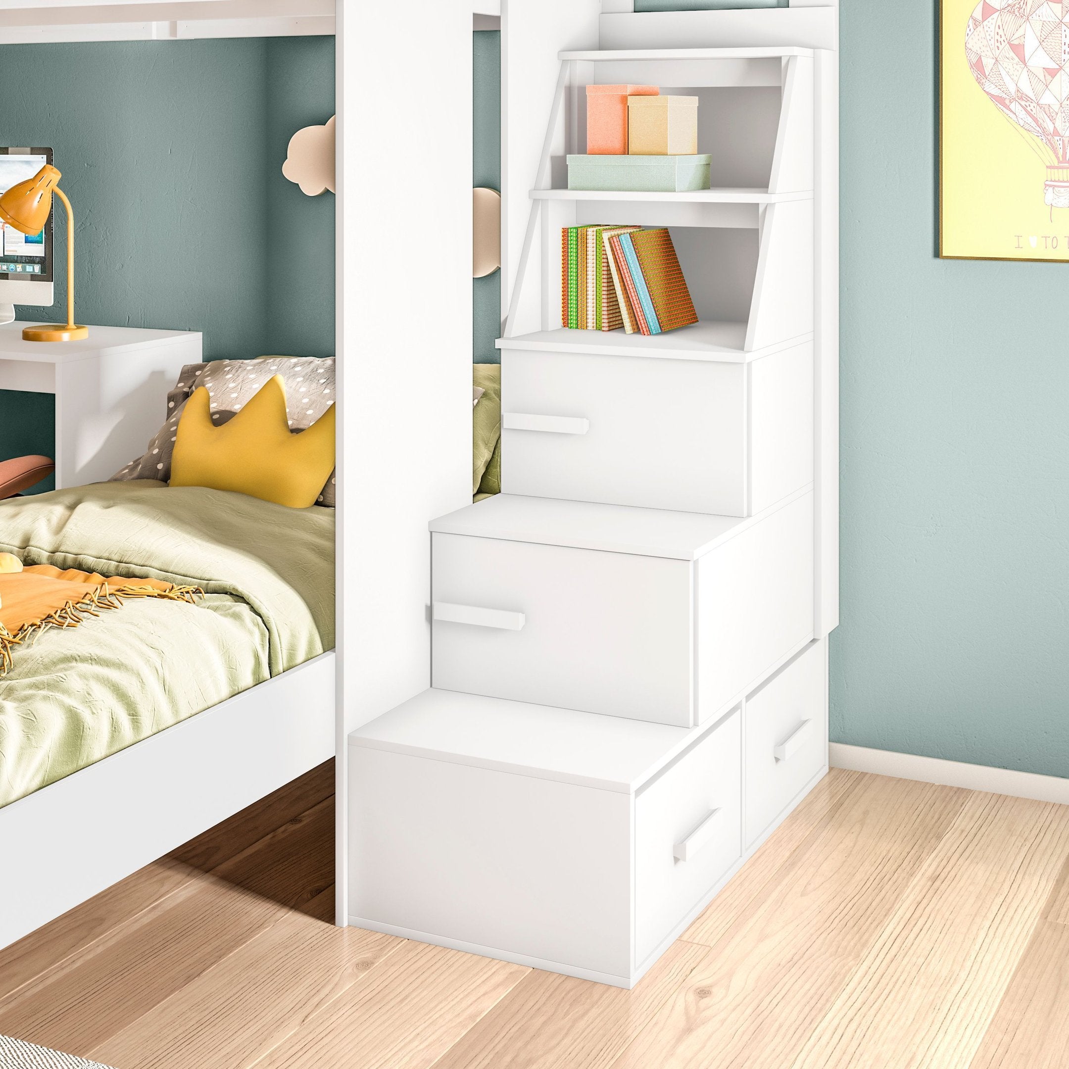 Beliche Office Infantil Moon com Escrivaninha em L e Escada 2 Portas e 2 Gavetas Yescasa Branco