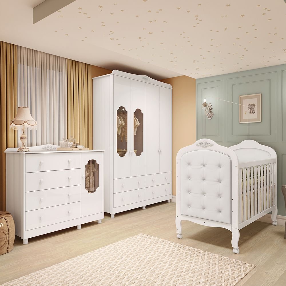 Quarto de Bebê com Guarda-Roupa Cômoda e Berço com Capitonê Maya Provençal 100% MDF Yescasa Branco/B