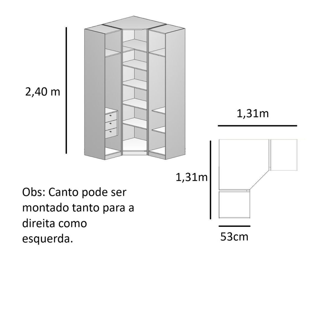 Guarda-Roupa de Canto Oblíquo Altezza Trend 3 Portas MDF Belmax Freijó