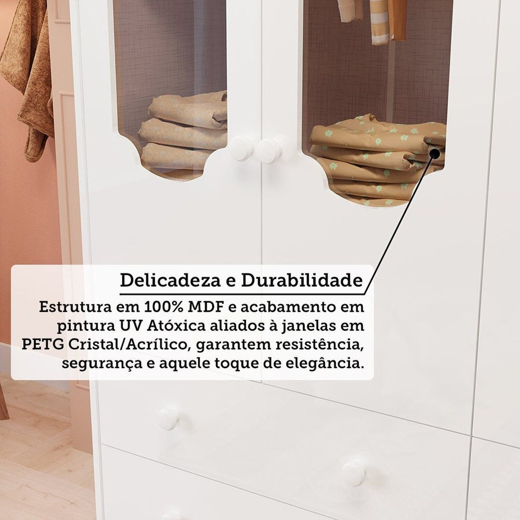 Quarto de Bebê com Guarda-Roupa Cômoda e Berço com Capitonê Maya Provençal 100% MDF Yescasa Branco/B