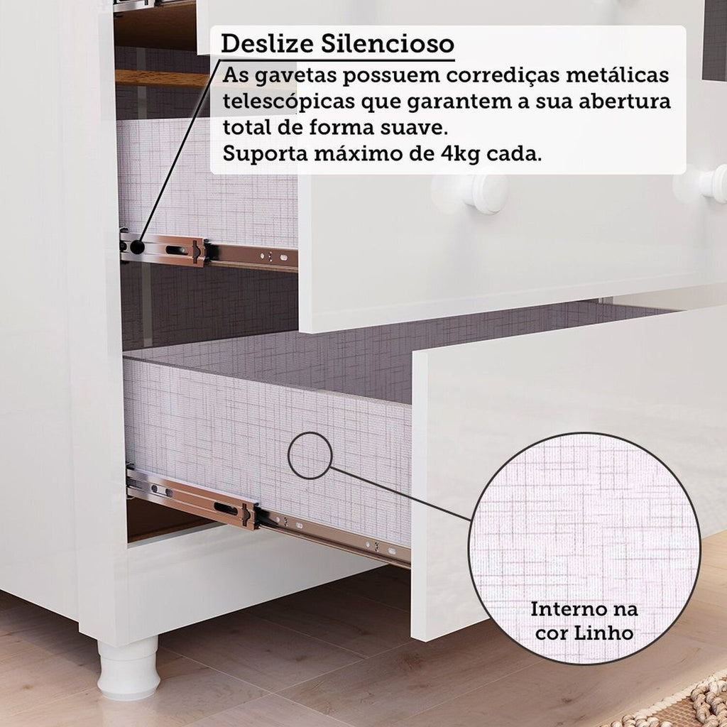 Quarto de Bebê com Guarda-Roupa Cômoda e Berço com Capitonê Maya Provençal 100% MDF Yescasa Branco/B