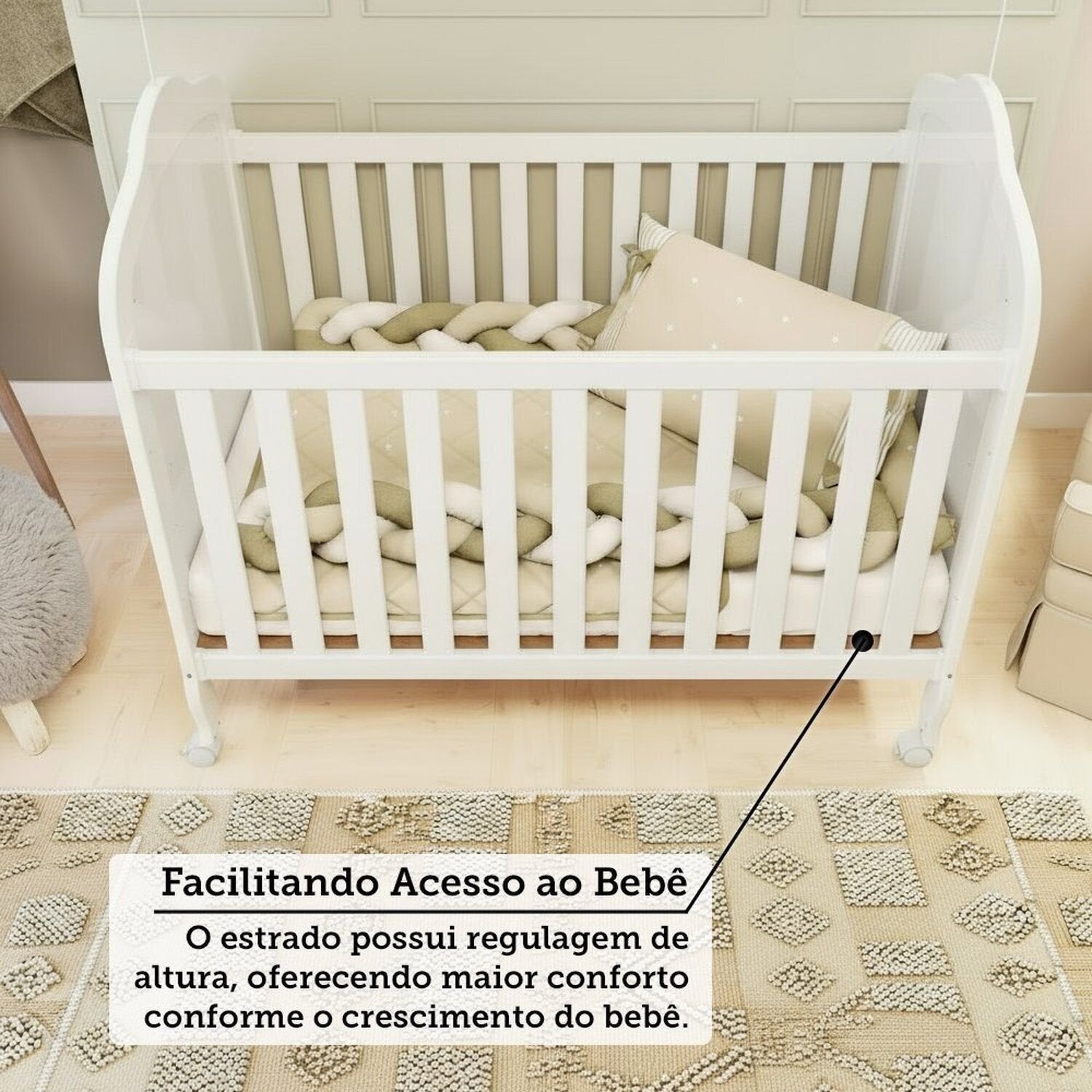 Quarto de Bebê com Guarda-Roupa Cômoda e Berço com Capitonê Maya Provençal 100% MDF Yescasa Branco/B