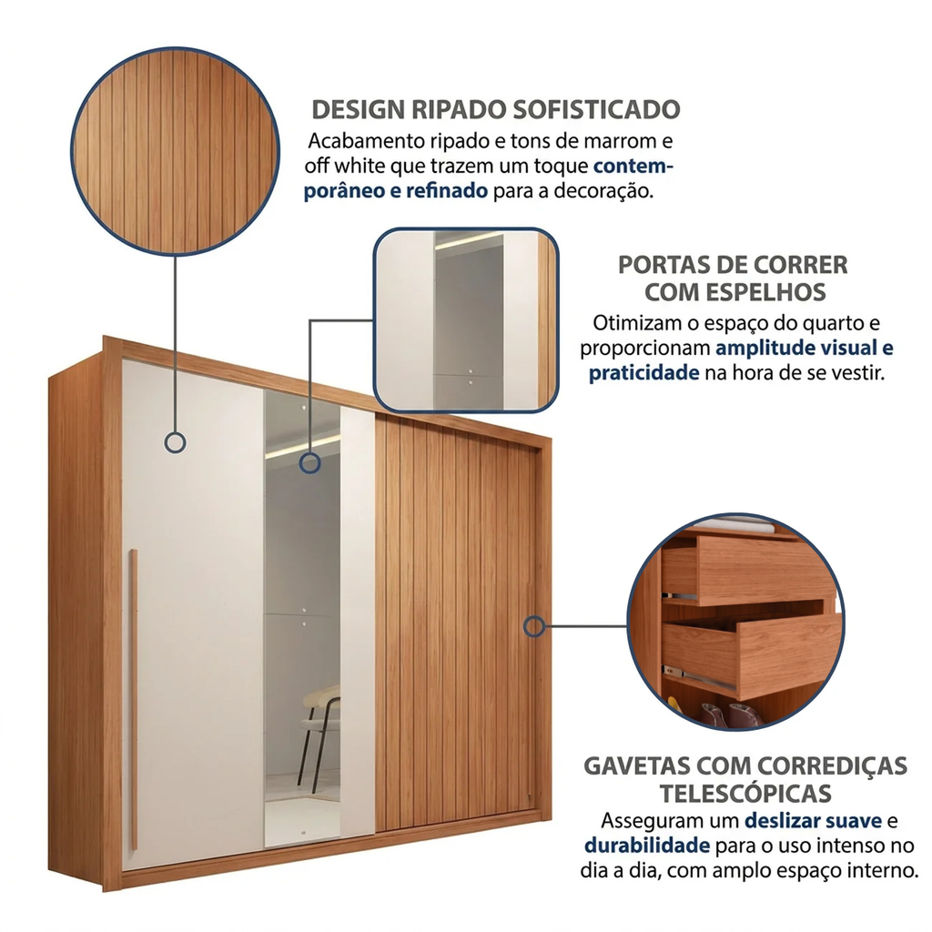 Guarda-Roupa Casal Suburban 2 Portas Ripado com Espelho MDP/MDF Freijó/Off White Espresso Móveis