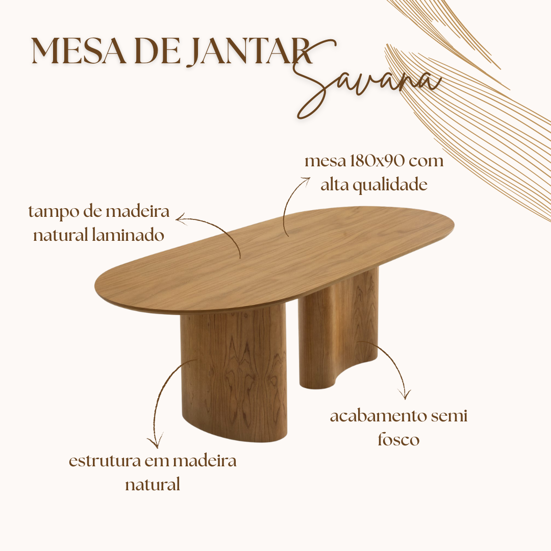 Conjunto Mesa de Jantar Savana e 8 Cadeiras Arezzo Madeira Laminada Natural Área Gourmet