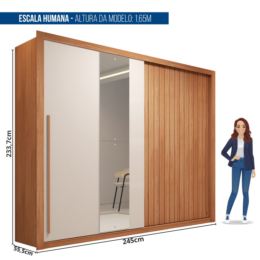 Guarda-Roupa Casal Suburban 2 Portas Ripado com Espelho MDP/MDF Freijó/Off White Espresso Móveis