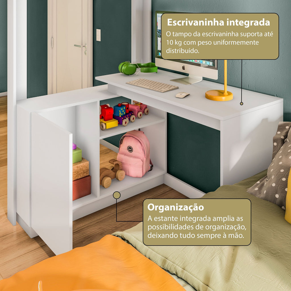 Beliche Office Infantil Moon com Escrivaninha em L e Escada 2 Portas e 2 Gavetas Yescasa Branco