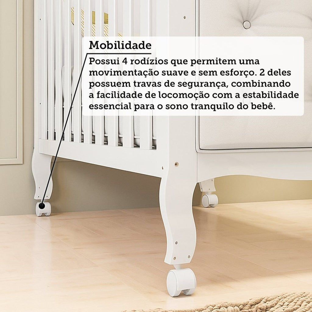 Quarto de Bebê com Guarda-Roupa Cômoda e Berço com Capitonê Maya Provençal 100% MDF Yescasa Branco/B