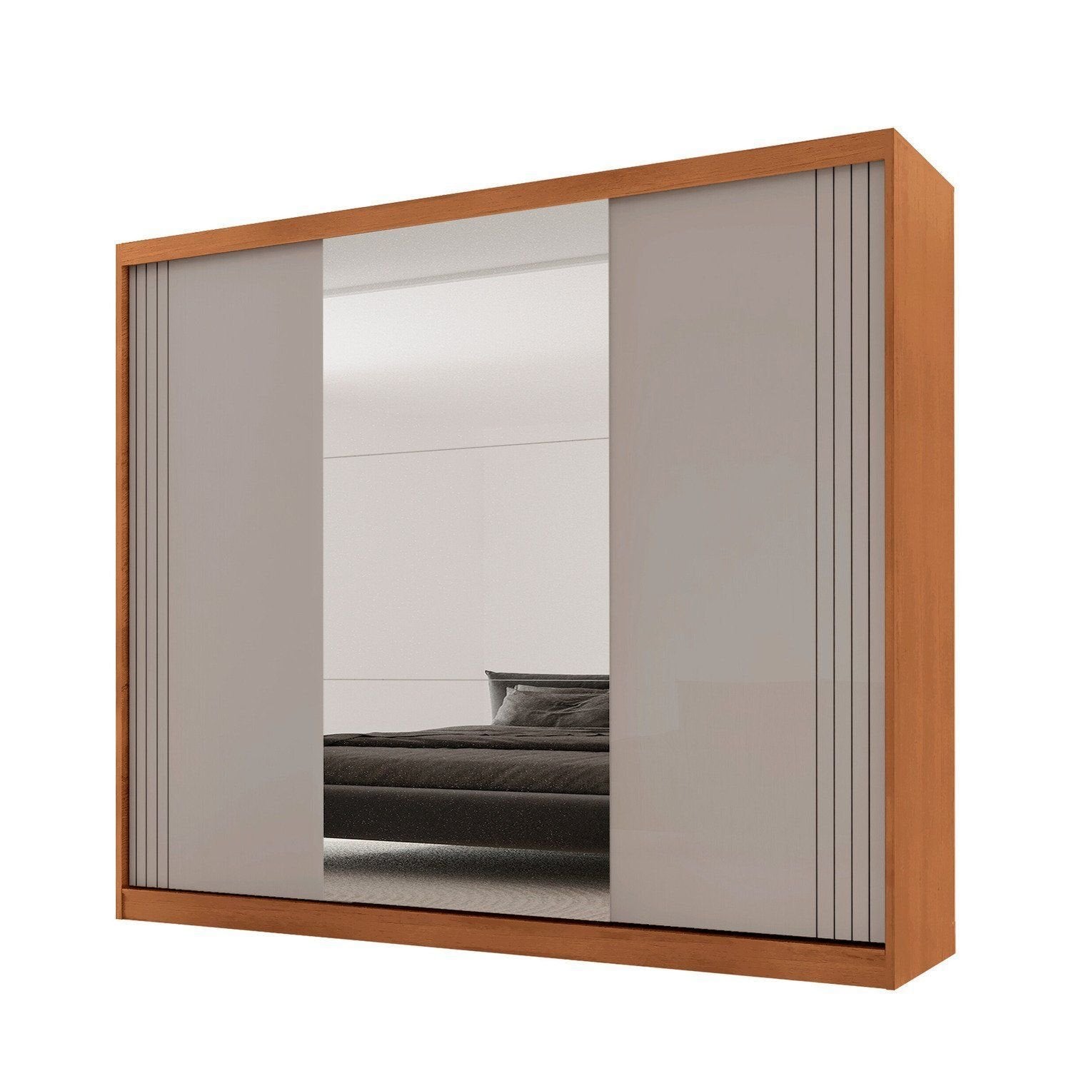 Guarda-Roupa Casal 100% MDF 3 Portas de Correr 4 Gavetas 6 Prateleiras com Espelho Chile Rufato Off White/Marrom