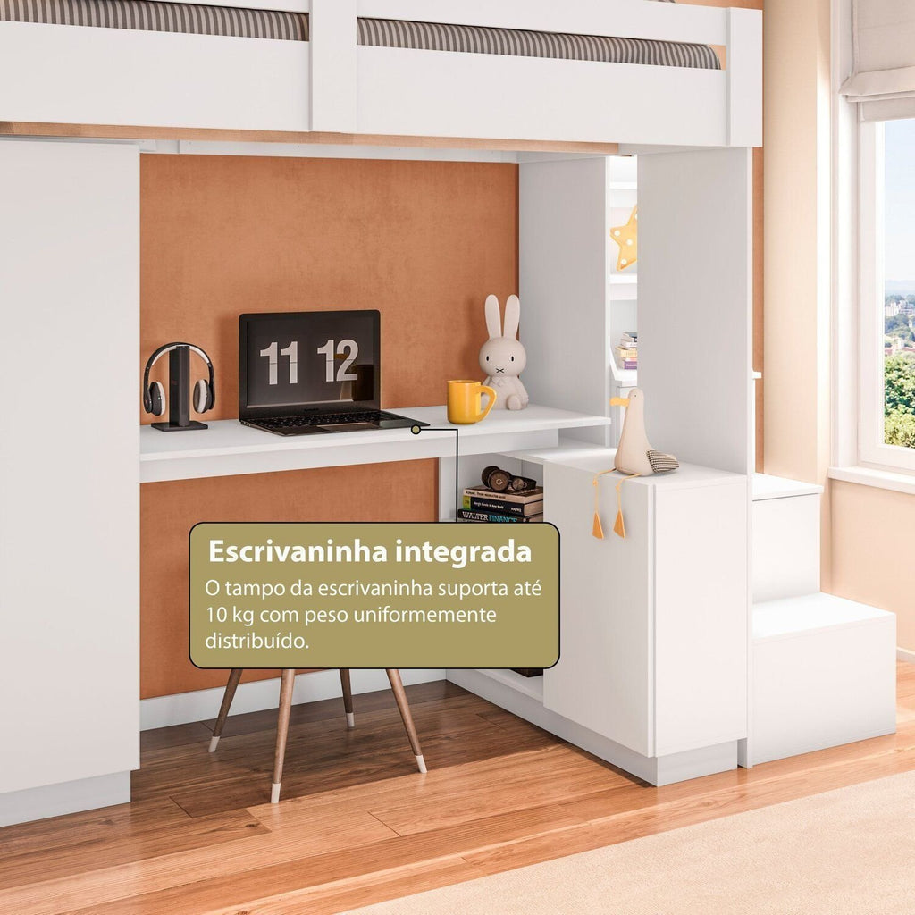 Cama Alta Beliche Office Infantil com Roupeiro e Escrivaninha Moon Yescasa Branco